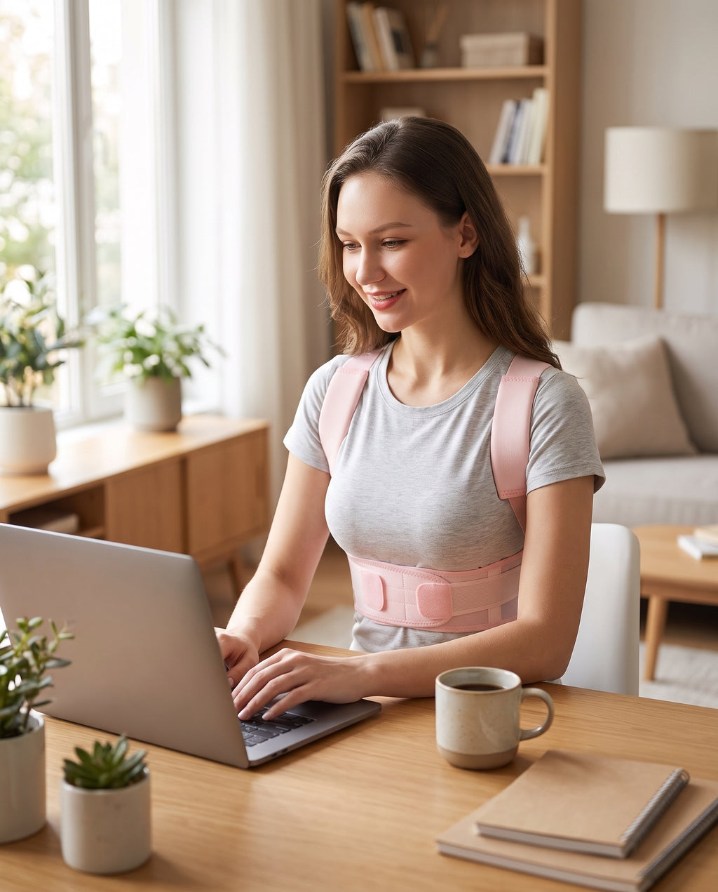 Donna in smart working a casa con postura corretta e correttore rosa PostureCo
