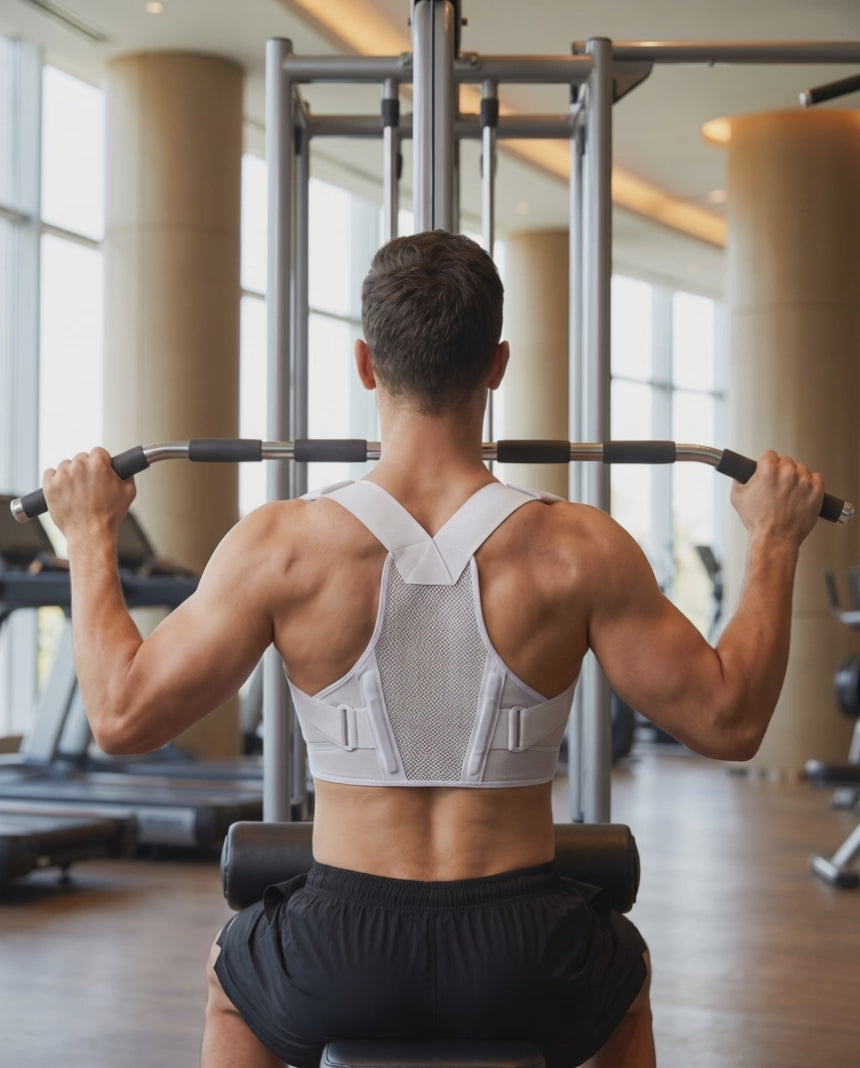 Video: uomo esegue lat pulldown in palestra indossando il correttore di postura bianco PostureCo