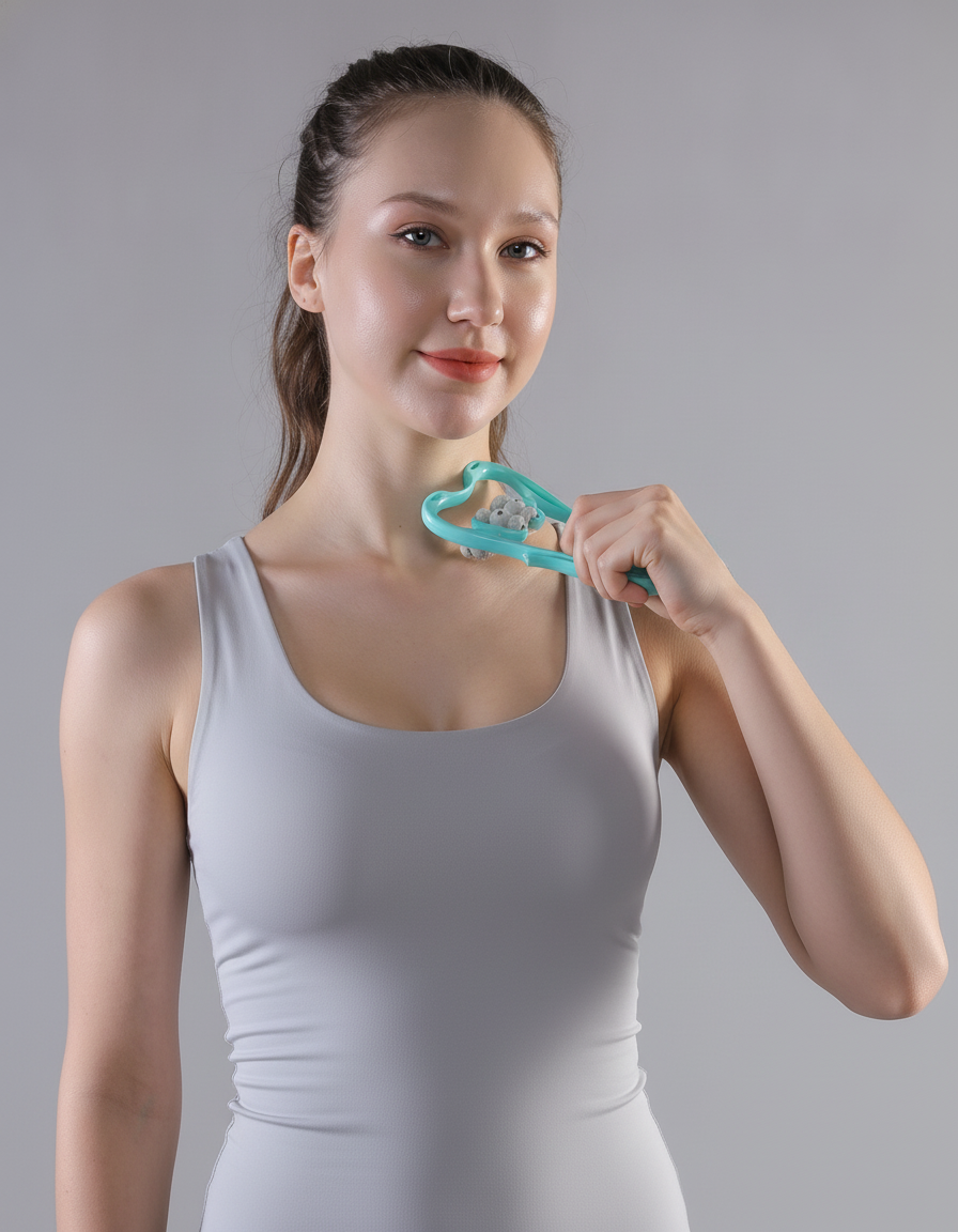 Modella PostureCo usa il roller massaggiatore cervicale teal sul collo